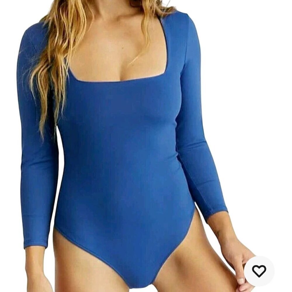 Free People Intimately Free Truth Or Square Long Sleeve Bodysuit Blue Size S